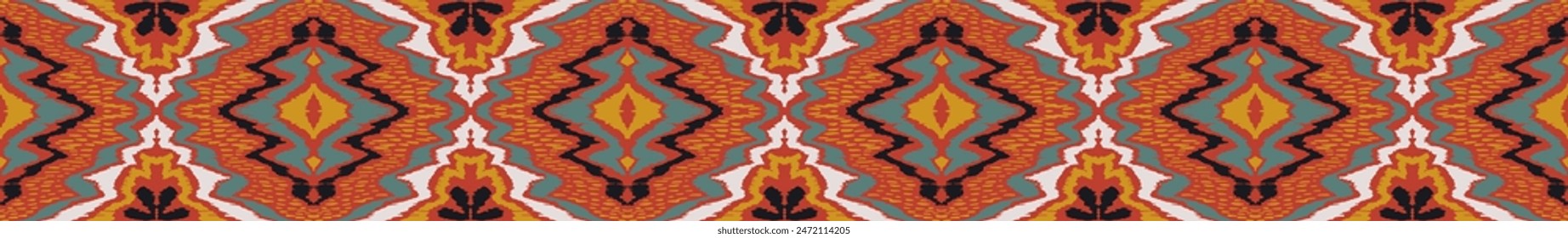 Geometric folk ornament ikat. Tribal ethnic vector textures. Seamless pattern in Aztec style. Folk embroidery. Indian, Scandinavian, Gypsy, Mexican rug. African carpet. Hand drawn, not AI