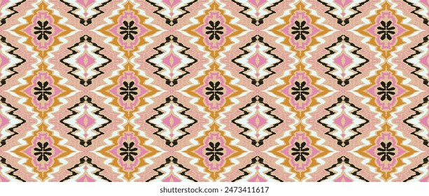 Geometric folk ornament ikat. Tribal ethnic vector textures. Seamless pattern in Aztec style. Folk embroidery. Indian, Scandinavian, Gypsy, Mexican rug. African carpet. Hand drawn, not AI