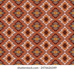 Geometric folk ornament ikat. Tribal ethnic vector textures. Seamless pattern in Aztec style. Folk embroidery. Indian, Scandinavian, Gypsy, Mexican rug. African carpet. Hand drawn, not AI