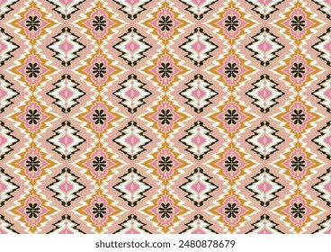 Geometric folk ornament ikat. Tribal ethnic vector textures. Seamless pattern in Aztec style. Folk embroidery. Indian, Scandinavian, Gypsy, Mexican rug. African carpet. Hand drawn, not AI