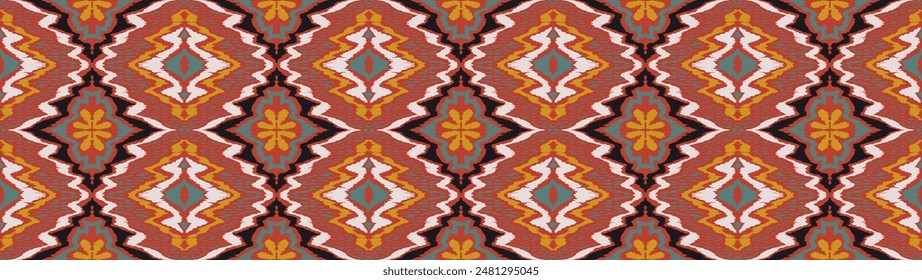 Geometric folk ornament ikat. Tribal ethnic vector textures. Seamless pattern in Aztec style. Folk embroidery. Indian, Scandinavian, Gypsy, Mexican rug. African carpet. Hand drawn, not AI