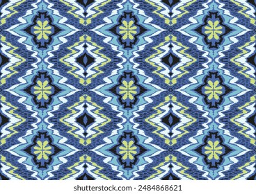 Geometric folk ornament ikat. Tribal ethnic vector textures. Seamless pattern in Aztec style. Folk embroidery. Indian, Scandinavian, Gypsy, Mexican rug. African carpet. Hand drawn, not AI