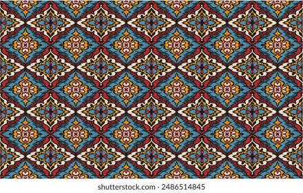 Geometric folk ornament ikat. Tribal ethnic vector textures. Seamless pattern in Aztec style. Folk embroidery. Indian, Scandinavian, Gypsy, Mexican rug. African carpet. Vector tie dye shibori print.