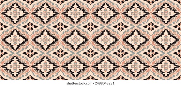 Geometric folk ornament ikat. Tribal ethnic vector textures. Seamless pattern in Aztec style. Folk embroidery. Indian, Scandinavian, Gypsy, Mexican rug. African carpet. Vector tie dye shibori print.