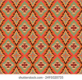 Geometric folk ornament ikat. Tribal ethnic vector textures. Seamless pattern in Aztec style. Folk embroidery. Indian, Scandinavian, Gypsy, Mexican rug. African carpet. Vector tie dye shibori print.