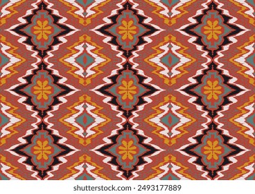 Geometric folk ornament ikat. Tribal ethnic vector textures. Seamless pattern in Aztec style. Folk embroidery. Indian, Scandinavian, Gypsy, Mexican rug. African carpet. Vector tie dye shibori print.