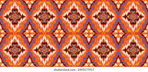 Geometric folk ornament ikat. Tribal ethnic vector textures. Seamless pattern in Aztec style. Folk embroidery. Indian, Scandinavian, Gypsy, Mexican rug. African carpet. Vector tie dye shibori print.