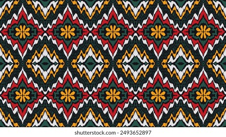 Geometric folk ornament ikat. Tribal ethnic vector textures. Seamless pattern in Aztec style. Folk embroidery. Indian, Scandinavian, Gypsy, Mexican rug. African carpet. Vector tie dye shibori print.