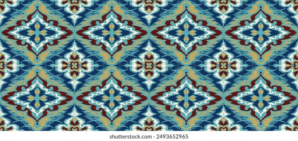 Geometric folk ornament ikat. Tribal ethnic vector textures. Seamless pattern in Aztec style. Folk embroidery. Indian, Scandinavian, Gypsy, Mexican rug. African carpet. Hand drawn, not AI