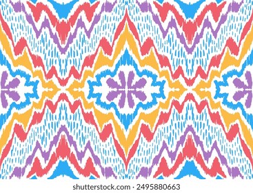 Geometric folk ornament ikat. Tribal ethnic vector textures. Seamless pattern in Aztec style. Folk embroidery. Indian, Scandinavian, Gypsy, Mexican rug. African carpet. Hand drawn, not AI