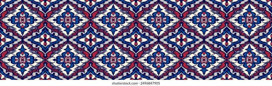 Geometric folk ornament ikat. Tribal ethnic vector textures. Seamless pattern in Aztec style. Folk embroidery. Indian, Scandinavian, Gypsy, Mexican rug. African carpet. Hand drawn, not AI