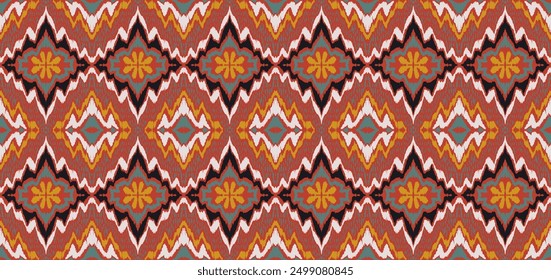 Geometric folk ornament ikat. Tribal ethnic vector textures. Seamless pattern in Aztec style. Folk embroidery. Indian, Scandinavian, Gypsy, Mexican rug. African carpet. Hand drawn, not AI