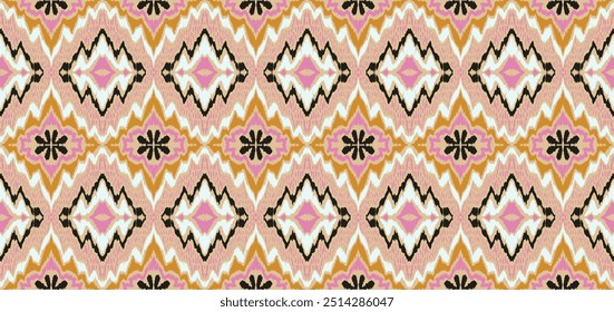 Geometric folk ornament ikat. Tribal ethnic vector textures. Seamless pattern in Aztec style. Folk embroidery. Indian, Scandinavian, Gypsy, Mexican rug. African carpet. Vector tie dye shibori print.