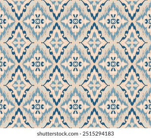 Geometric folk ornament ikat. Tribal ethnic vector textures. Seamless pattern in Aztec style. Folk embroidery. Indian, Scandinavian, Gypsy, Mexican rug. African carpet. Hand drawn, not AI