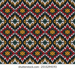 Geometric folk ornament ikat. Tribal ethnic vector textures. Seamless pattern in Aztec style. Folk embroidery. Indian, Scandinavian, Gypsy, Mexican rug. African carpet. Vector tie dye shibori print.