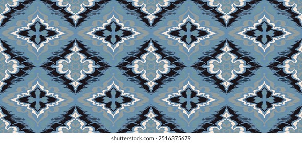Geometric folk ornament ikat. Tribal ethnic vector textures. Seamless pattern in Aztec style. Folk embroidery. Indian, Scandinavian, Gypsy, Mexican rug. African carpet. Vector tie dye shibori print.