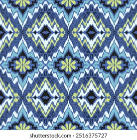 Geometric folk ornament ikat. Tribal ethnic vector textures. Seamless pattern in Aztec style. Folk embroidery. Indian, Scandinavian, Gypsy, Mexican rug. African carpet. Vector tie dye shibori print.