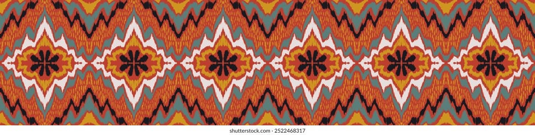 Geometric folk ornament ikat. Tribal ethnic vector textures. Seamless pattern in Aztec style. Folk embroidery. Indian, Scandinavian, Gypsy, Mexican rug. African carpet. Vector tie dye shibori print.
