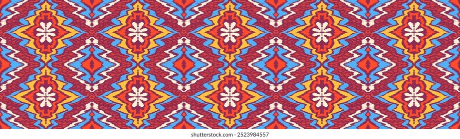 Geometric folk ornament ikat. Tribal ethnic vector textures. Seamless pattern in Aztec style. Folk embroidery. Indian, Scandinavian, Gypsy, Mexican rug. African carpet. Vector tie dye shibori print.