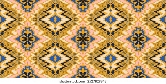 Geometric folk ornament ikat. Tribal ethnic vector textures. Seamless pattern in Aztec style. Folk embroidery. Indian, Scandinavian, Gypsy, Mexican rug. African carpet. Vector tie dye shibori print.