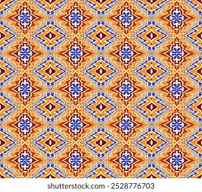 Geometric folk ornament ikat. Tribal ethnic vector textures. Seamless pattern in Aztec style. Folk embroidery. Indian, Scandinavian, Gypsy, Mexican rug. African carpet. Vector tie dye shibori print.