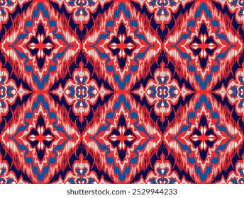 Geometric folk ornament ikat. Tribal ethnic vector textures. Seamless pattern in Aztec style. Folk embroidery. Indian, Scandinavian, Gypsy, Mexican rug. African carpet. Vector tie dye shibori print.