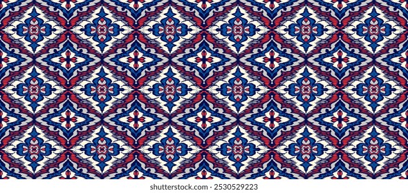 Geometric folk ornament ikat. Tribal ethnic vector textures. Seamless pattern in Aztec style. Folk embroidery. Indian, Scandinavian, Gypsy, Mexican rug. African carpet. Vector tie dye shibori print.