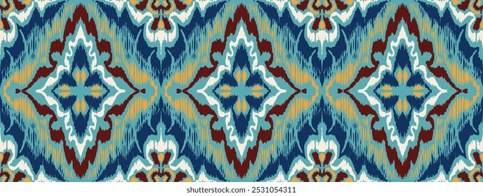 Geometric folk ornament ikat. Tribal ethnic vector textures. Seamless pattern in Aztec style. Folk embroidery. Indian, Scandinavian, Gypsy, Mexican rug. African carpet. Vector tie dye shibori print.