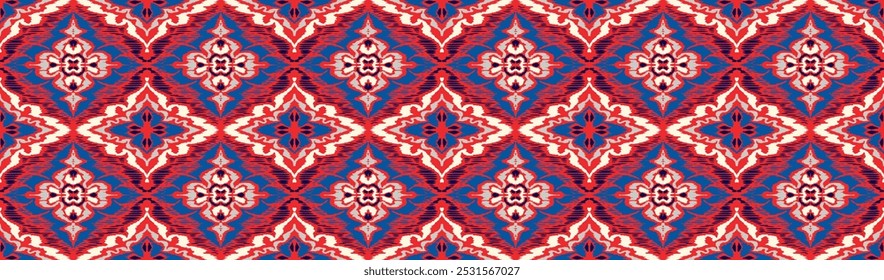 Geometric folk ornament ikat. Tribal ethnic vector textures. Seamless pattern in Aztec style. Folk embroidery. Indian, Scandinavian, Gypsy, Mexican rug. African carpet. Vector tie dye shibori print.