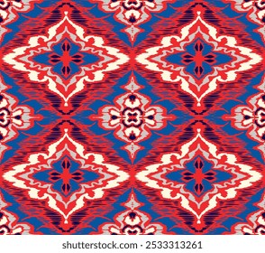 Enfeite popular geométrico ikat. Texturas de vetores étnicos tribais. Padrão contínuo em estilo asteca. Bordado popular. Tapete indiano, escandinavo, cigano, mexicano. Tapete africano. Desenhado à mão, não com IA