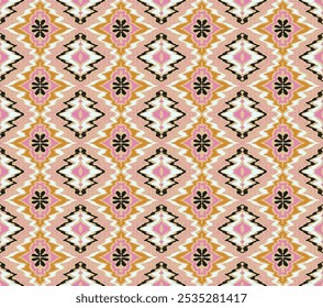 Geometric folk ornament ikat. Tribal ethnic vector textures. Seamless pattern in Aztec style. Folk embroidery. Indian, Scandinavian, Gypsy, Mexican rug. African carpet. Hand drawn, not AI
