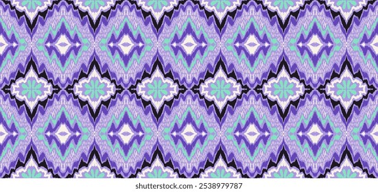 Geometric folk ornament ikat. Tribal ethnic vector textures. Seamless pattern in Aztec style. Folk embroidery. Indian, Scandinavian, Gypsy, Mexican rug. African carpet. Hand drawn, not AI