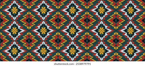 Geometric folk ornament ikat. Tribal ethnic vector textures. Seamless pattern in Aztec style. Folk embroidery. Indian, Scandinavian, Gypsy, Mexican rug. African carpet. Hand drawn, not AI