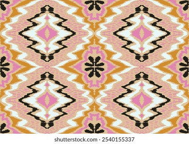 Geometric folk ornament ikat. Tribal ethnic vector textures. Seamless pattern in Aztec style. Folk embroidery. Indian, Scandinavian, Gypsy, Mexican rug. African carpet. Hand drawn, not AI