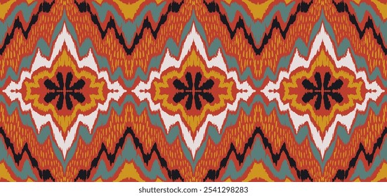 Geometrisches Volkschmuck-Ikat. Ethnische Vektortexturen von Stämmen. Nahtloses Muster im aztekischen Stil. Volksstickerei. Indischer, skandinavischer, Zigeuner, mexikanischer Teppich. Afrikanischer Teppich. Handgezeichnet, nicht KI