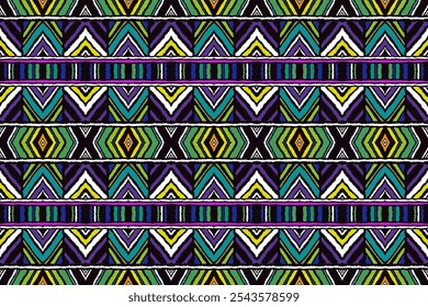 Enfeite popular geométrico ikat. Texturas de vetores étnicos tribais. Padrão contínuo em estilo asteca. Bordado popular. Tapete indiano, escandinavo, cigano, mexicano. Tapete africano. Desenhado à mão, não com IA