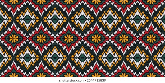 Enfeite popular geométrico ikat. Texturas de vetores étnicos tribais. Padrão contínuo em estilo asteca. Bordado popular. Tapete indiano, escandinavo, cigano, mexicano. Tapete africano. Desenhado à mão, não com IA