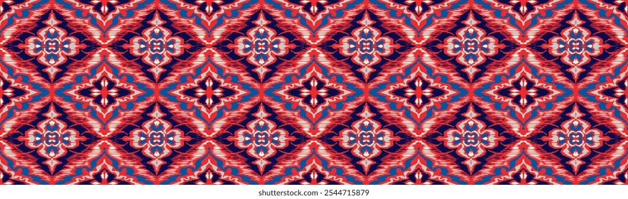 Enfeite popular geométrico ikat. Texturas de vetores étnicos tribais. Padrão contínuo em estilo asteca. Bordado popular. Tapete indiano, escandinavo, cigano, mexicano. Tapete africano. Desenhado à mão, não com IA