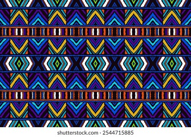 Enfeite popular geométrico ikat. Texturas de vetores étnicos tribais. Padrão contínuo em estilo asteca. Bordado popular. Tapete indiano, escandinavo, cigano, mexicano. Tapete africano. Desenhado à mão, não com IA