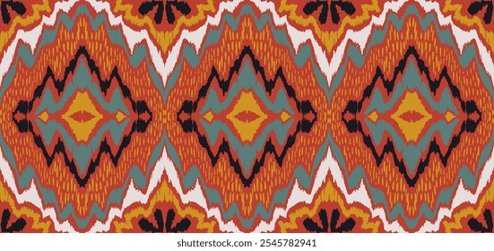 Enfeite popular geométrico ikat. Texturas de vetores étnicos tribais. Padrão contínuo em estilo asteca. Bordado popular. Tapete indiano, escandinavo, cigano, mexicano. Tapete africano. Desenhado à mão, não com IA