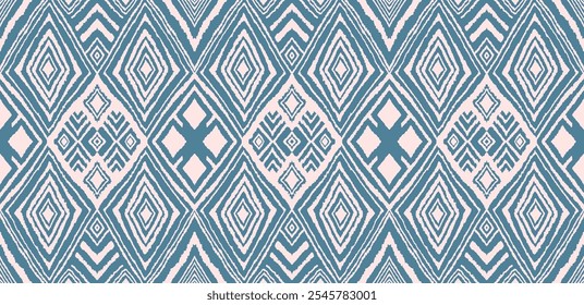 Enfeite popular geométrico ikat. Texturas de vetores étnicos tribais. Padrão contínuo em estilo asteca. Bordado popular. Tapete indiano, escandinavo, cigano, mexicano. Tapete africano. Desenhado à mão, não com IA