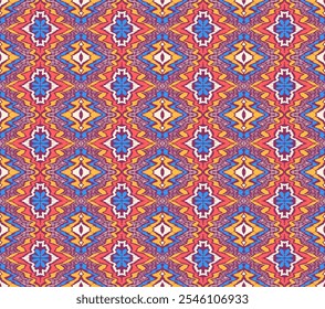 Enfeite popular geométrico ikat. Texturas de vetores étnicos tribais. Padrão contínuo em estilo asteca. Bordado popular. Tapete indiano, escandinavo, cigano, mexicano. Tapete africano. Desenhado à mão, não com IA