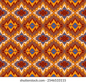 Ornamento popular geométrico ikat. Texturas de Vector étnico tribal. Patrón sin fisuras en estilo azteca. Bordado de Folk. Indio, escandinavo, gitano, alfombra mexicana. Alfombra africana. Dibujado a mano, no AI