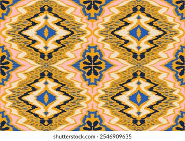 Enfeite popular geométrico ikat. Texturas de vetores étnicos tribais. Padrão contínuo em estilo asteca. Bordado popular. Tapete indiano, escandinavo, cigano, mexicano. Tapete africano. Desenhado à mão, não com IA