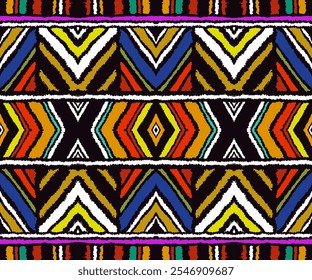 Ornamento popular geométrico ikat. Texturas de Vector étnico tribal. Patrón sin fisuras en estilo azteca. Bordado de Folk. Indio, escandinavo, gitano, alfombra mexicana. Alfombra africana. Dibujado a mano, no AI