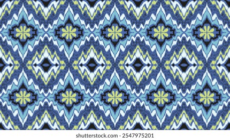 Ornamento popular geométrico ikat. Texturas de Vector étnico tribal. Patrón sin fisuras en estilo azteca. Bordado de Folk. Indio, escandinavo, gitano, alfombra mexicana. Alfombra africana. Dibujado a mano, no AI