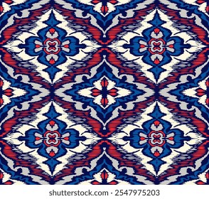 Ornamento popular geométrico ikat. Texturas de Vector étnico tribal. Patrón sin fisuras en estilo azteca. Bordado de Folk. Indio, escandinavo, gitano, alfombra mexicana. Alfombra africana. Dibujado a mano, no AI