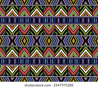 Ornamento popular geométrico ikat. Texturas de Vector étnico tribal. Patrón sin fisuras en estilo azteca. Bordado de Folk. Indio, escandinavo, gitano, alfombra mexicana. Alfombra africana. Dibujado a mano, no AI