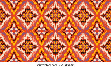 Enfeite popular geométrico ikat. Texturas de vetores étnicos tribais. Padrão contínuo em estilo asteca. Bordado popular. Tapete indiano, escandinavo, cigano, mexicano. Tapete africano. Desenhado à mão, não com IA