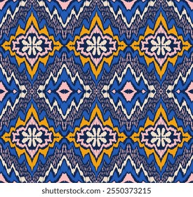 Ornamento popular geométrico ikat. Texturas de Vector étnico tribal. Patrón sin fisuras en estilo azteca. Bordado de Folk. Indio, escandinavo, gitano, alfombra mexicana. Alfombra africana. Vector tie dye shibori print.